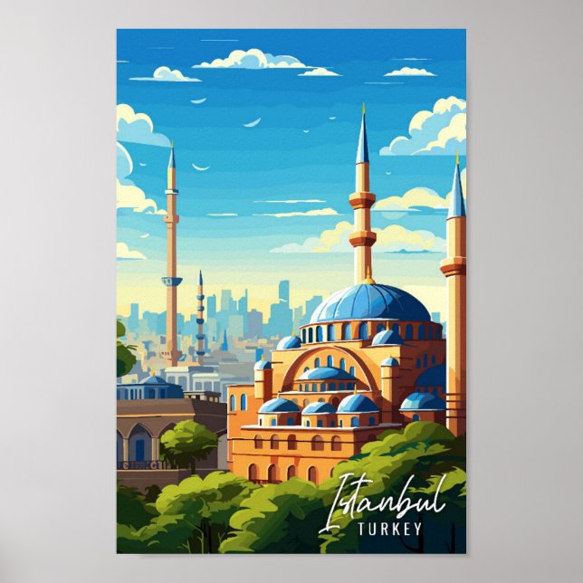 Istanbul Turkey Art vintage travel illustration Poster (Front)