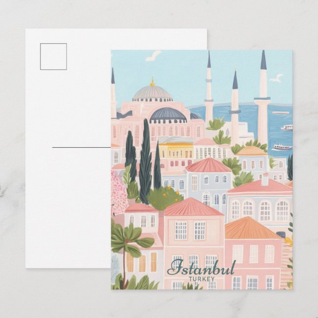 Istanbul Turkey Gouache Paint Illustration Travel Postcard (Front/Back)