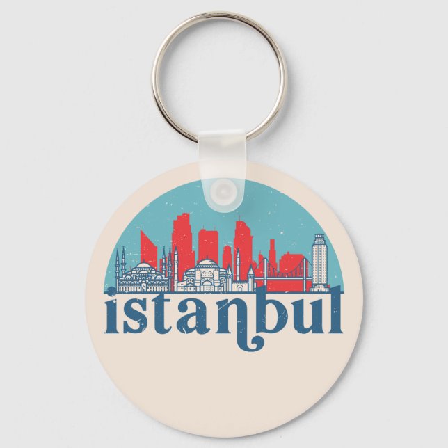 Istanbul Turkey Retro City Skyline Cityscape Art Keychain (Front)