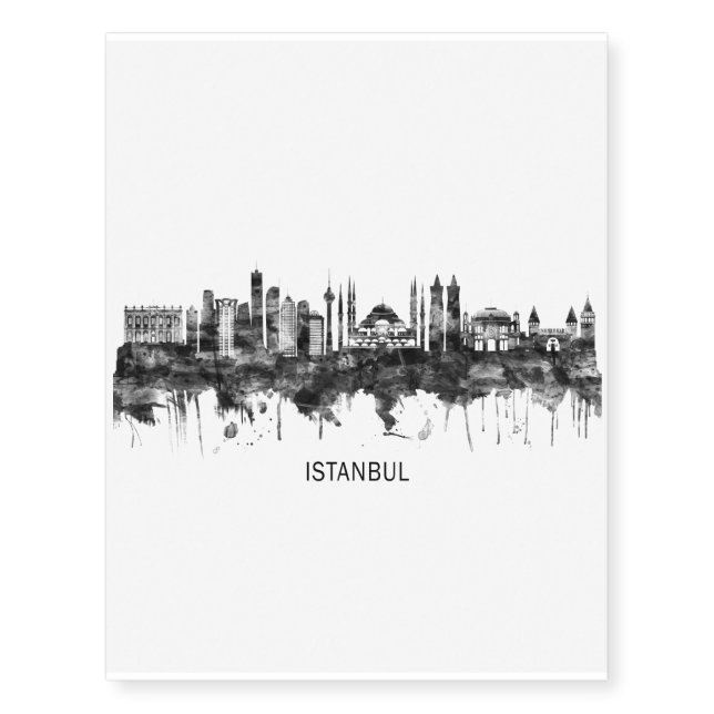 Istanbul Turkey Skyline BW Temporary Tattoos (Front)
