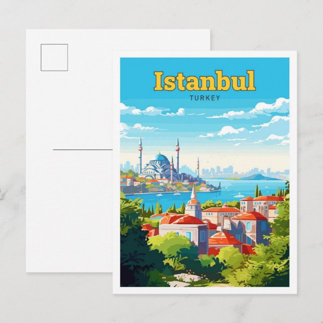 Istanbul Turkey Travel Vintage Illustration Postcard (Front/Back)