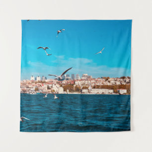 Istanbul view with seagulls on a warm sunny day, B Tapestry