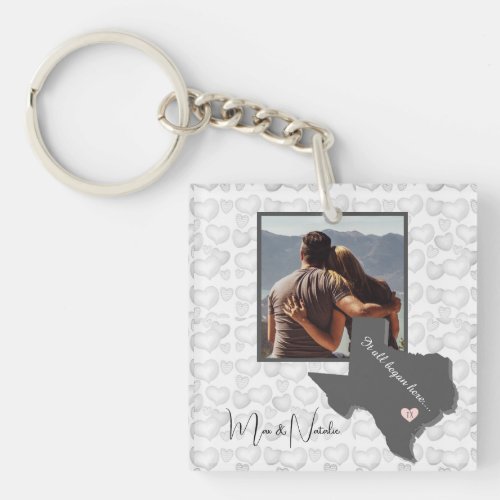 It all Began Here Texas Photo Heart Couple   Keychain