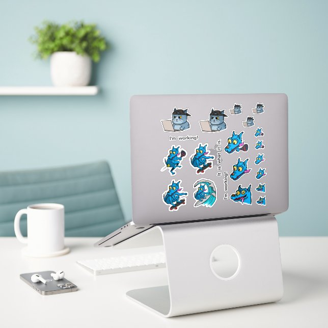 IT Cat and Quircky the blue dog. Sticker (Laptop On Desk)