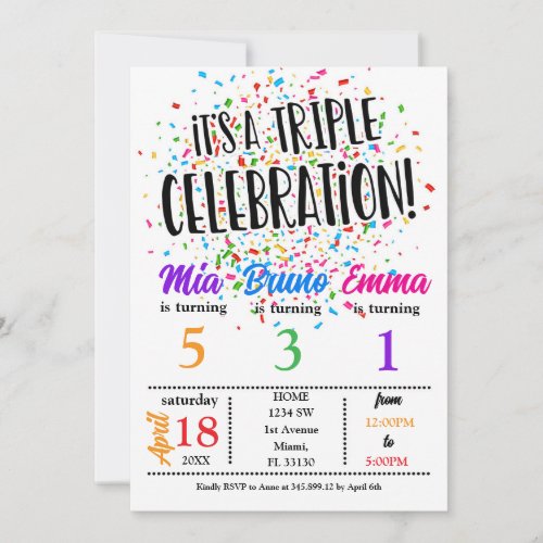 It is a Triple Siblings Birthday Invitation