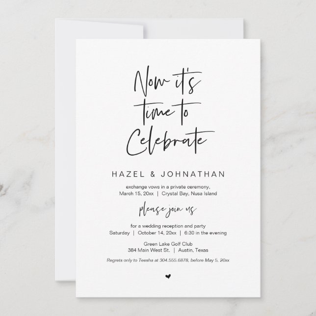 It is time to celebrate, Black, Wedding Elopement Invitation (Front)