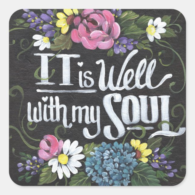 "It is Well" Square Black Floral Stickers (Front)