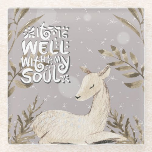 It is Well with my Soul Winter Watercolor Deer Glass Coaster