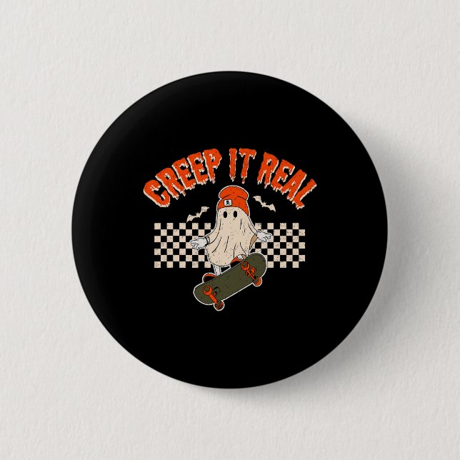 It Real Skateboarding Ghost Bats Retro Halloween 2 Button (Front)
