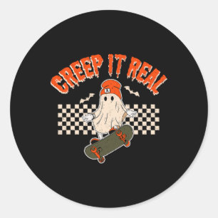 It Real Skateboarding Ghost Bats Retro Halloween 2 Classic Round Sticker