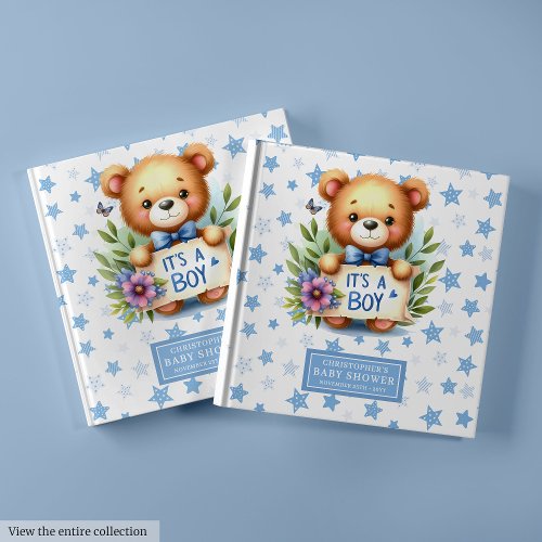 It’s a boy baby shower guest book with teddy bear