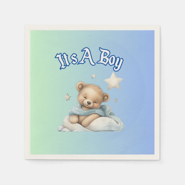 “It’s A Boy” Baby Shower Party Decor – Teddy Bear Napkins (Front)