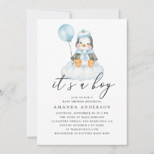 It’s a Boy Baby Shower Watercolor Blue Penguin Invitation