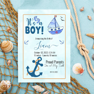 It"s a Boy Birth Nautical Sailboat Anchor Announcement