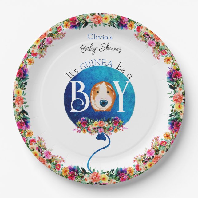 It’s a boy blue balloon guinea pig baby shower paper plates (Front)