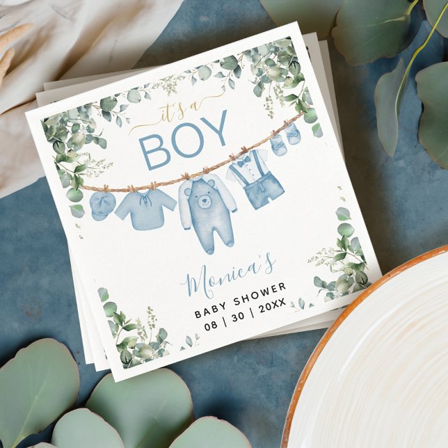 It’s A Boy Blue Boho Clothes Greenery Baby Shower Napkins (It’s a Boy Blue Boho Clothes Greenery Baby Shower Napkins)