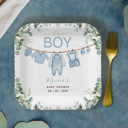 Its a Boy Blue Boho Clothes Greenery Baby Shower Paper Plates