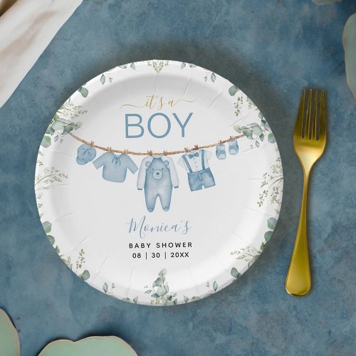 Itâs A Boy Blue Boho Clothes Greenery Baby Shower Paper Plates