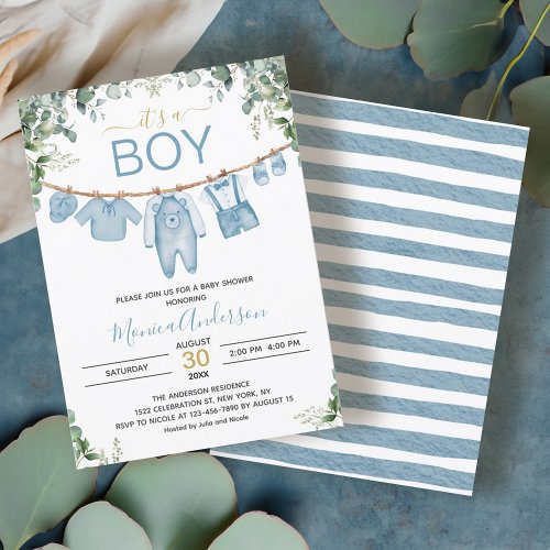 Its A Boy Blue Boho Watercolor Cloth Baby Shower Invitation