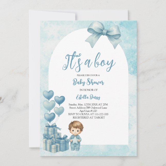 It’s a Boy Blue Bow Balloon Baby Shower Invitation (Front)