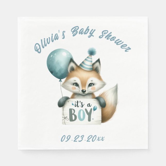 It’s a Boy Blue Fox Animal Theme Baby Shower Napkins (Front)