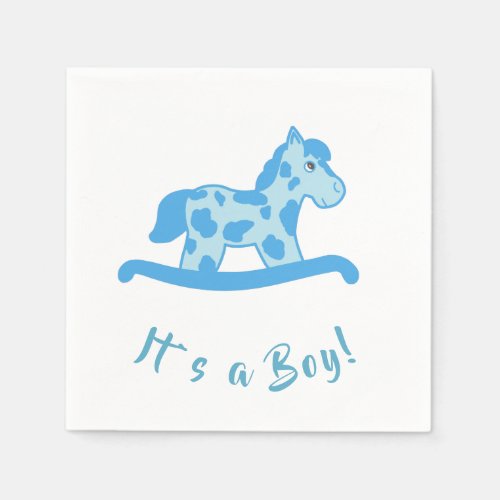 It`s a Boy Blue Rocking Horse Baby Shower Paper Napkins - It`s a Boy Blue Rocking Horse Baby Shower Napkin. Rocking horse baby shower paper napkins with a cute blue rocking horse with dark blue spots. Paper napkins with a gender reveal text It`s a Boy. You can easily customize it for your event by adding your text.
