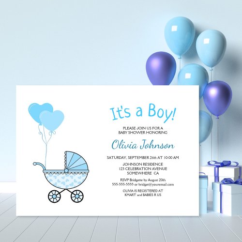 Its a Boy Blue Stroller Baby Shower Invitation