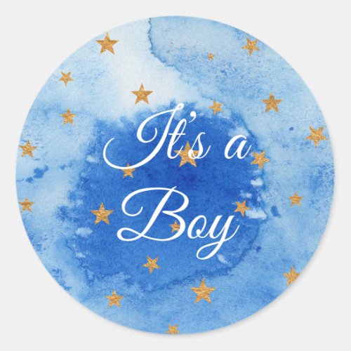  Its a Boy _Blue Watercolor with stars  Classic Round Sticker
