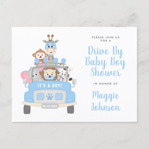 Its a Boy Drive By Animal Safari Blue Baby Shower Invitation Postcard