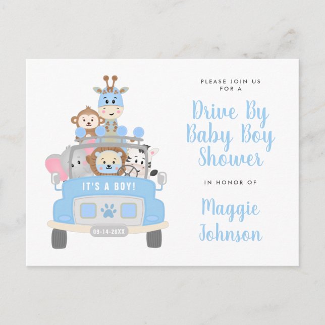 It’s a Boy Drive By Animal Safari Blue Baby Shower Invitation Postcard (Front)