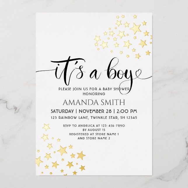 It’s a Boy Golden Stars Baby Shower Foil Invitation (Front)