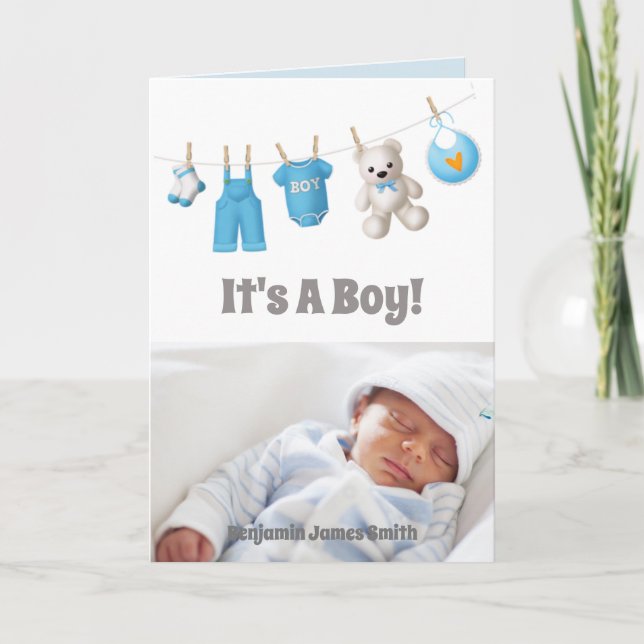 It’s A Boy! New Baby – Blue Custom Photo Card (Front)