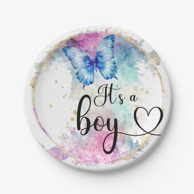 It’s a boy script blue butterfly paper plates (Front)