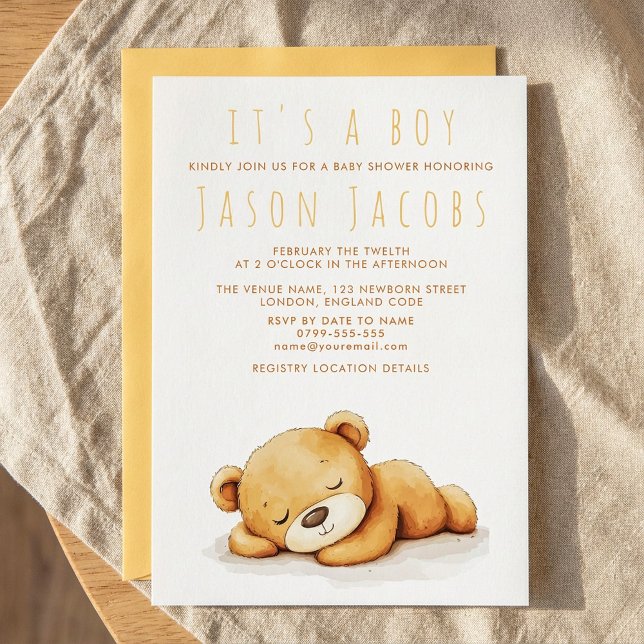 It’s a Boy sleeping cute Teddy Bear Baby Shower Invitation (Creator Uploaded)