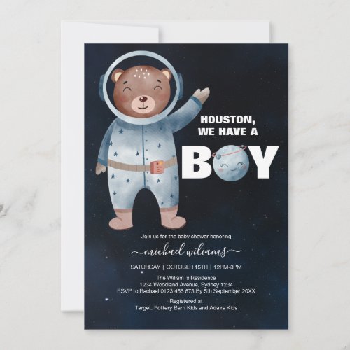 Its a boy space bear baby shower invitation