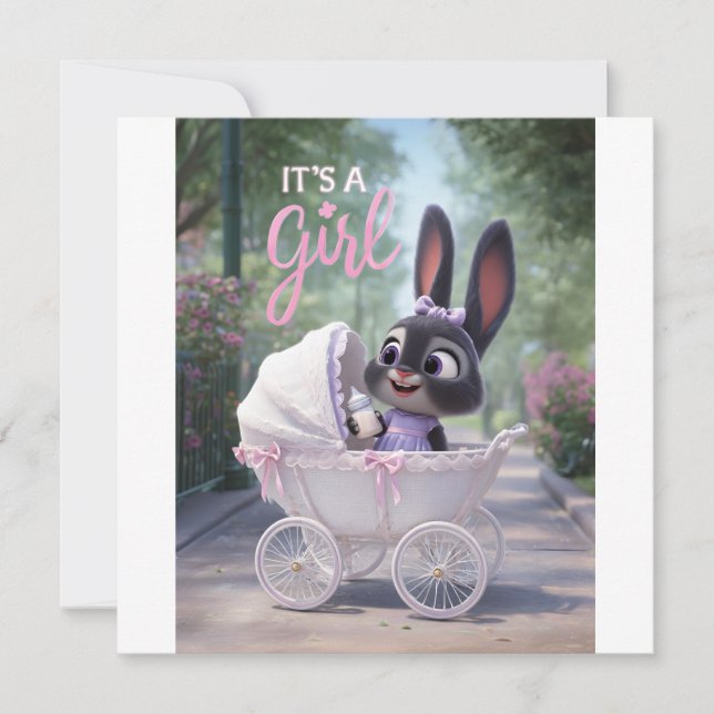 It’s a Girl: Baby Bunny in Pink Lace Stroller Announcement (Front)