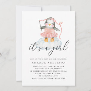 It’s a Girl Baby Shower Watercolor Pink Penguin Invitation