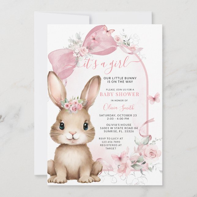 It’s a Girl Bunny Pink Bow Baby Shower Invitation (Front)
