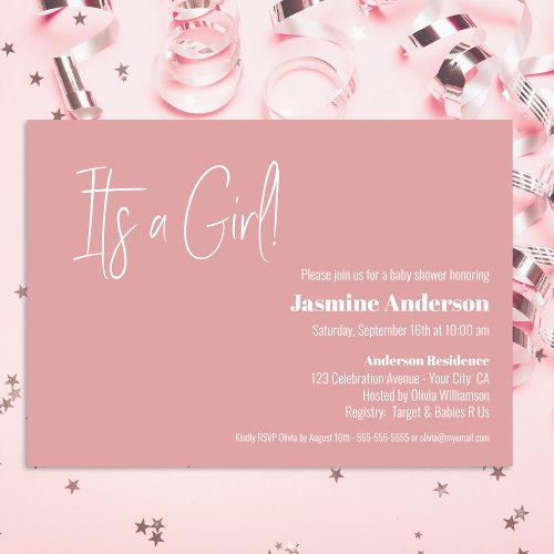 Its a Girl Modern Pink Minimalist Baby Shower Invitation