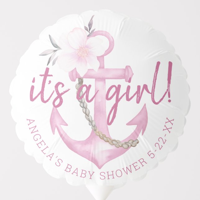 It’s a Girl Nautical Baby Shower Balloon | Pink Fl (Front)