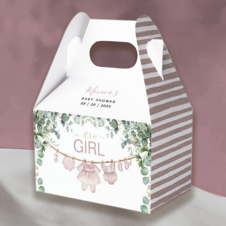 It’s A Girl Pink Boho Cloth Greenery Baby Shower Favor Boxes