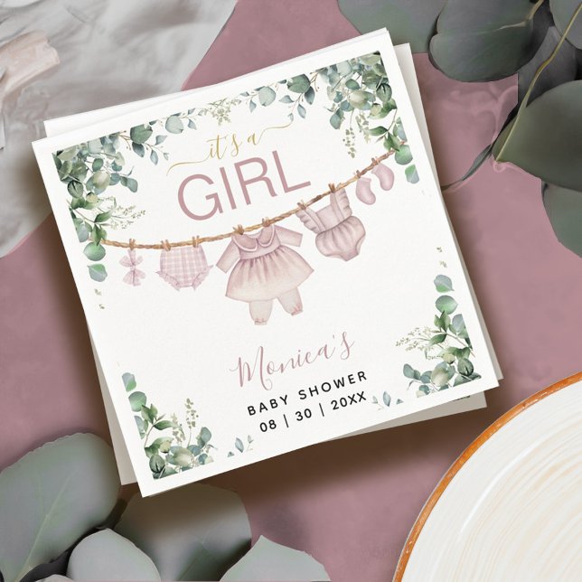 It’s A Girl Pink Boho Clothes Greenery Baby Shower Napkins (It’s A Girl Pink Boho Clothes Greenery Baby Shower Napkins)