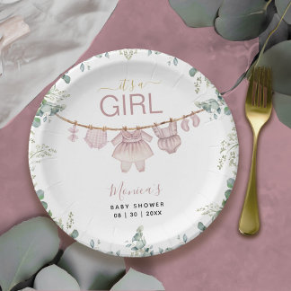 It’s A Girl Pink Boho Clothes Greenery Baby Shower Paper Plates