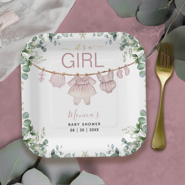 It’s a Girl Pink Boho Clothes Greenery Baby Shower Paper Plates (It’s a Girl Pink Boho Clothes Greenery Baby Shower Paper Plates)