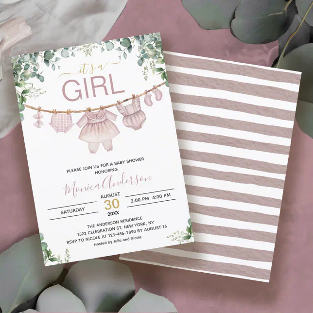 It’s A Girl Pink Boho Watercolor Cloth Baby Shower Invitation | Zazzle
