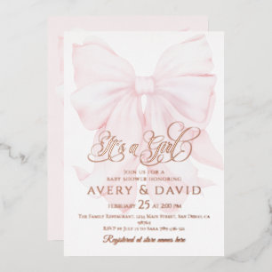 It’s a Girl Pink Bow Modern Elegant Baby Shower Foil Invitation