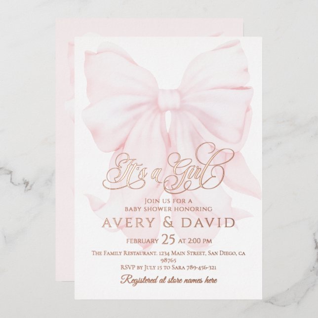 It’s a Girl Pink Bow Modern Elegant Baby Shower Foil Invitation (Front/Back)