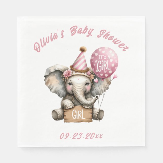 It’s a Girl Pink Elephant Baby Shower Napkins (Front)