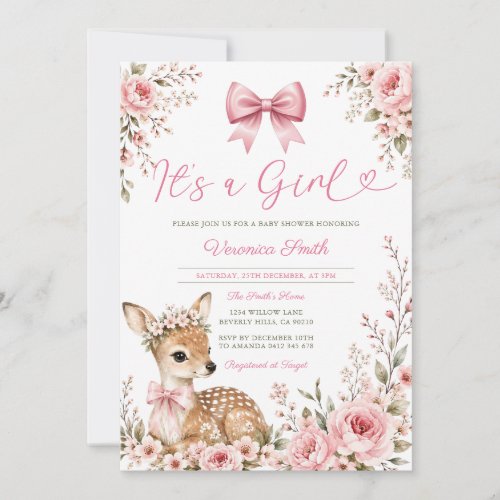 It’s a Girl Pink Floral Deer Woodland Baby Shower Invitation