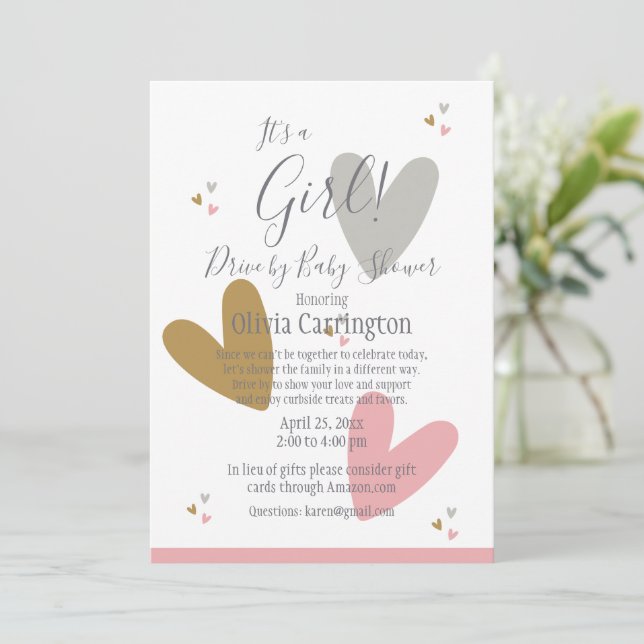 It’s a GIRL Pink Hearts Drive By Baby Shower Invitation (Standing Front)